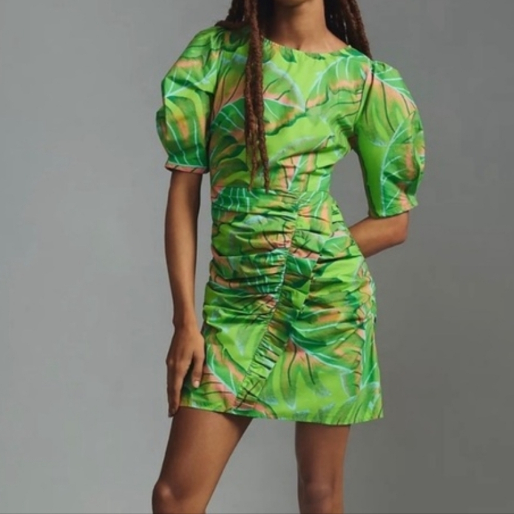 FARM Rio Green Tropical Ruched Mini Dress